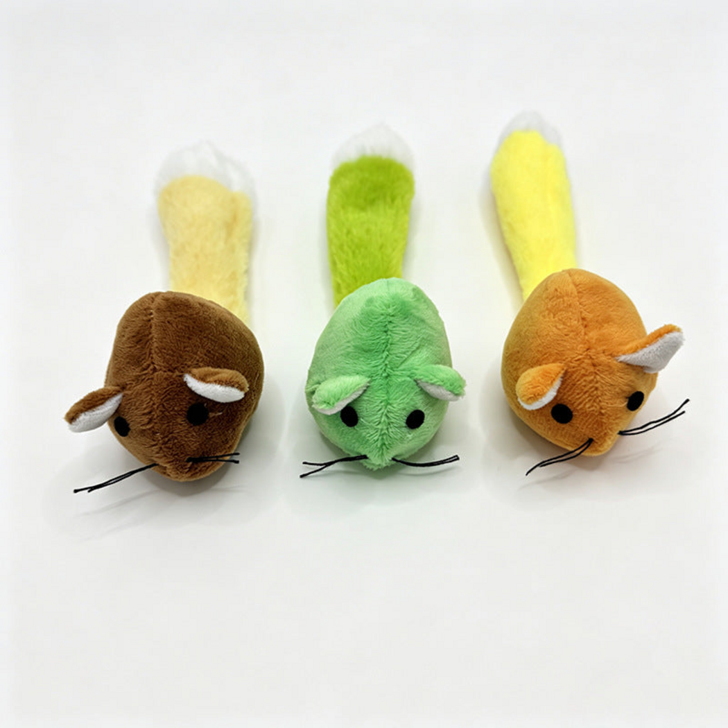 Brown, Green and Orange mouse-shaped cat toys with long white-tipped tails