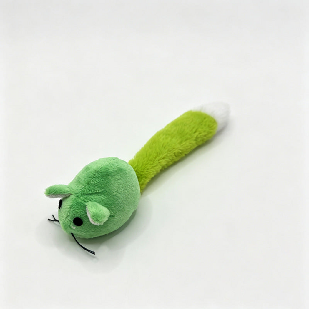 Green mouse-shaped cat toy with a long green tail and white tip