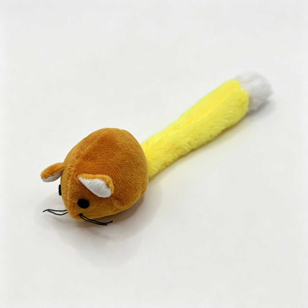 Orange mouse-shaped cat toy with a long yellow tail and white tip