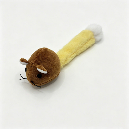Brown mouse-shaped cat toy with a long yellow tail and white tip