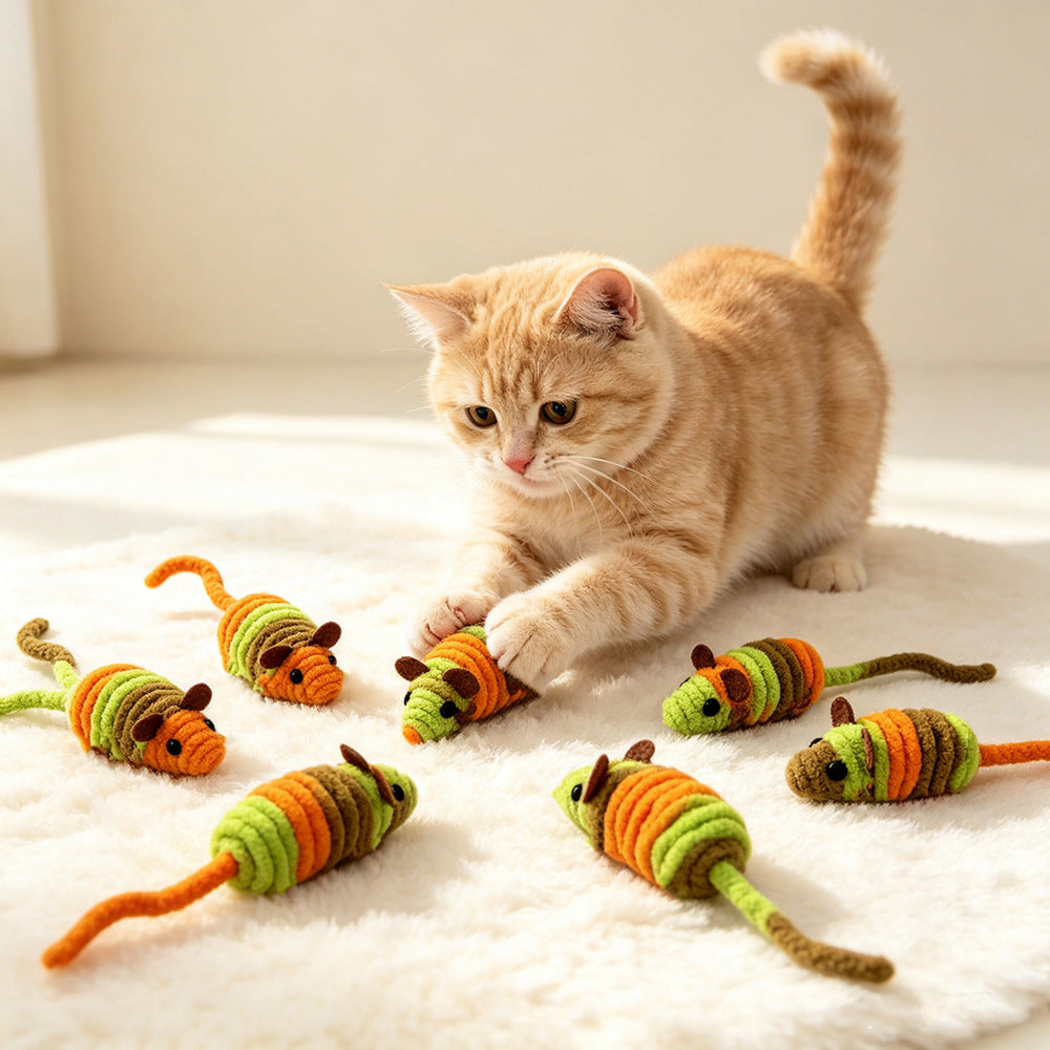 Cat playing with mouse-shaped cat toys on a cream rug