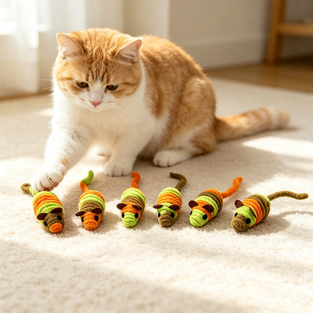 Cat reaching toward mouse-shaped cat toys arranged in a row