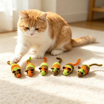 Cat reaching toward mouse-shaped cat toys arranged in a row