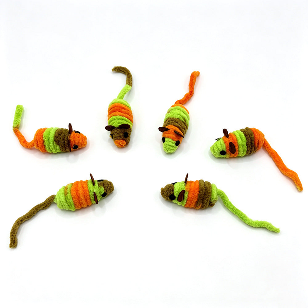 Mouse-shaped cat toys spread across a white background