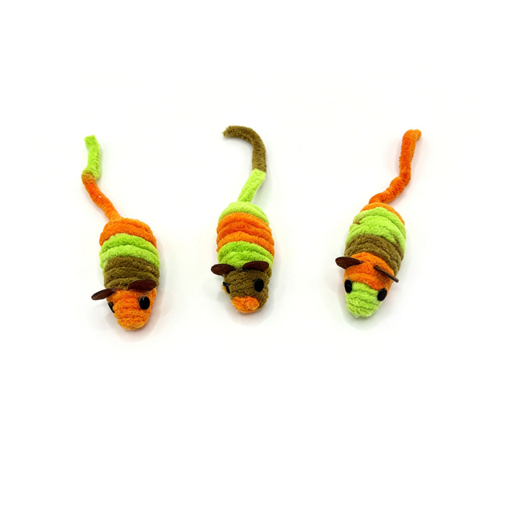 Mouse-shaped cat toys facing forward on a white background