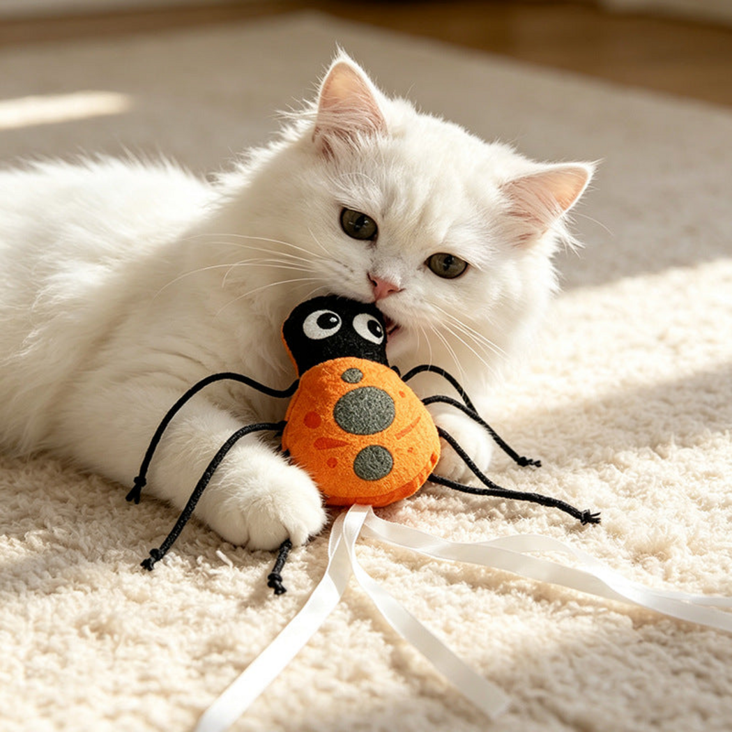 White cat holding a Ladybug cat toy with black cord legs and white ribbons on a cream rug
