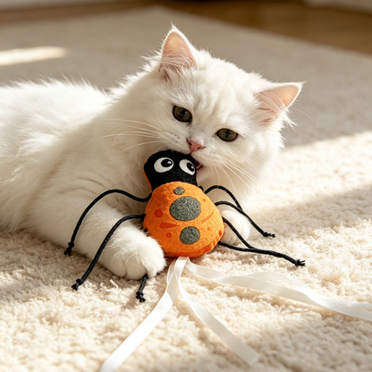 White cat holding a Ladybug cat toy with black cord legs and white ribbons on a cream rug