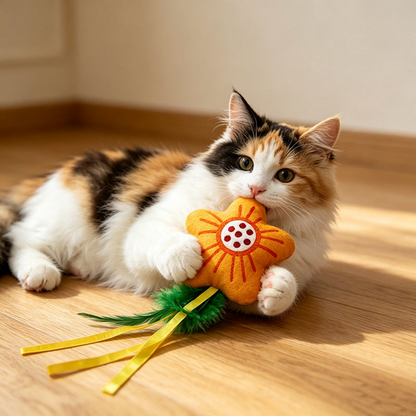 Calico cat holding a Flower cat toy with green feather-like tails and yellow ribbons