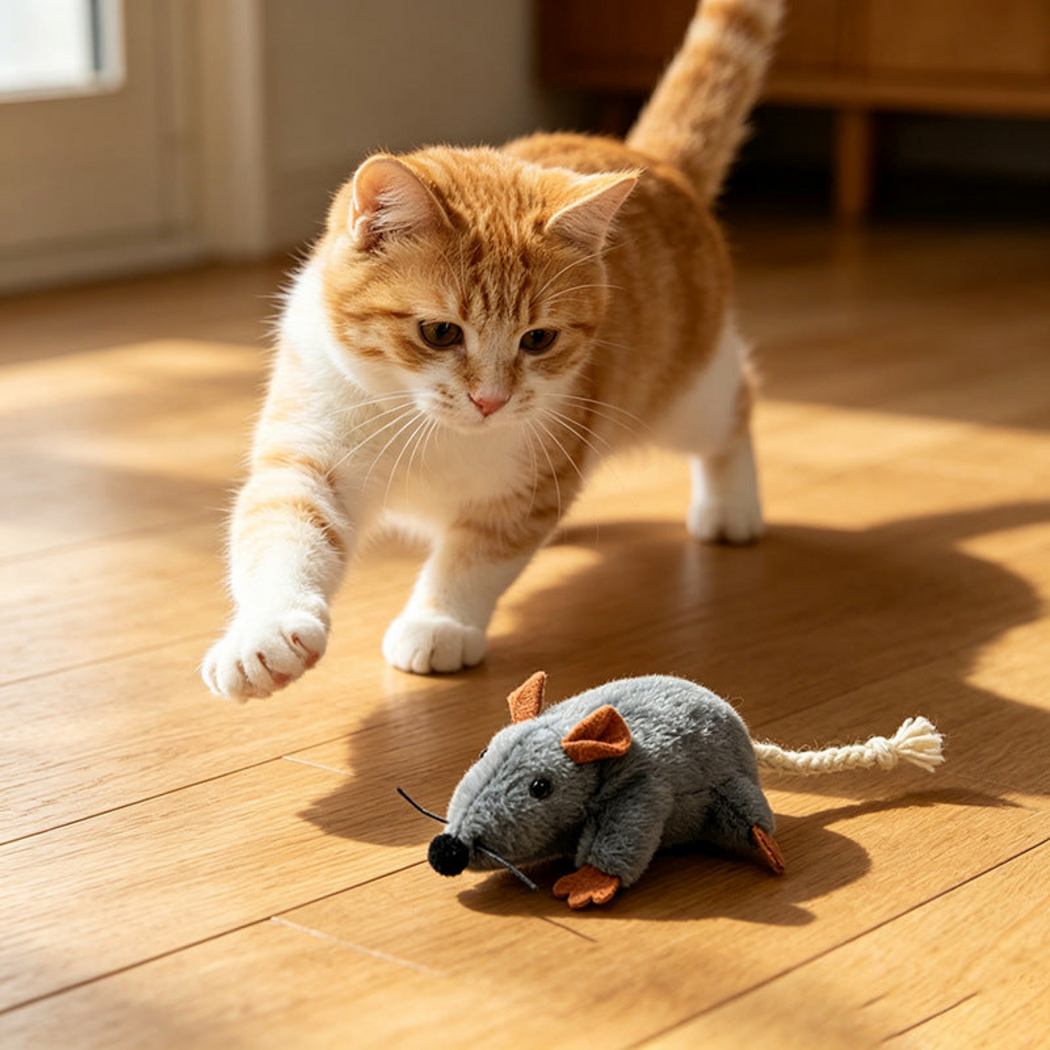 Mouse cat toy with an orange and white cat reaching toward it on a wooden floor