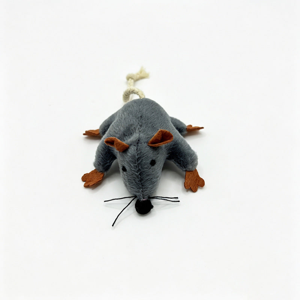 Mouse cat toy viewed from the front, showing brown ears and paws and black whiskers