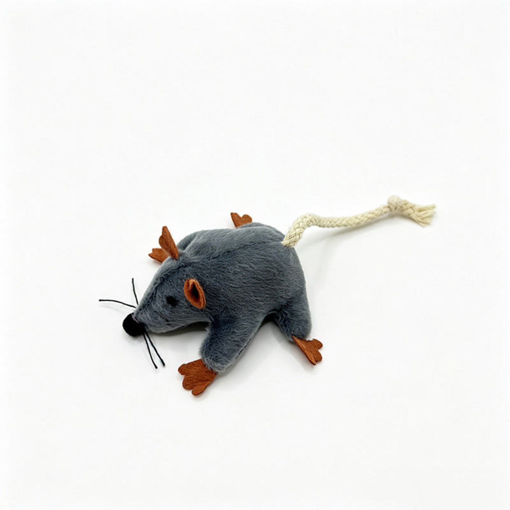 Mouse cat toy with gray body, brown ears and paws, and cream braided tail, side view