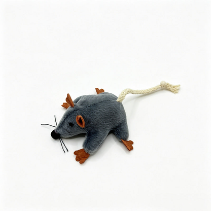 Mouse cat toy with gray body, brown ears and paws, and cream braided tail, side view