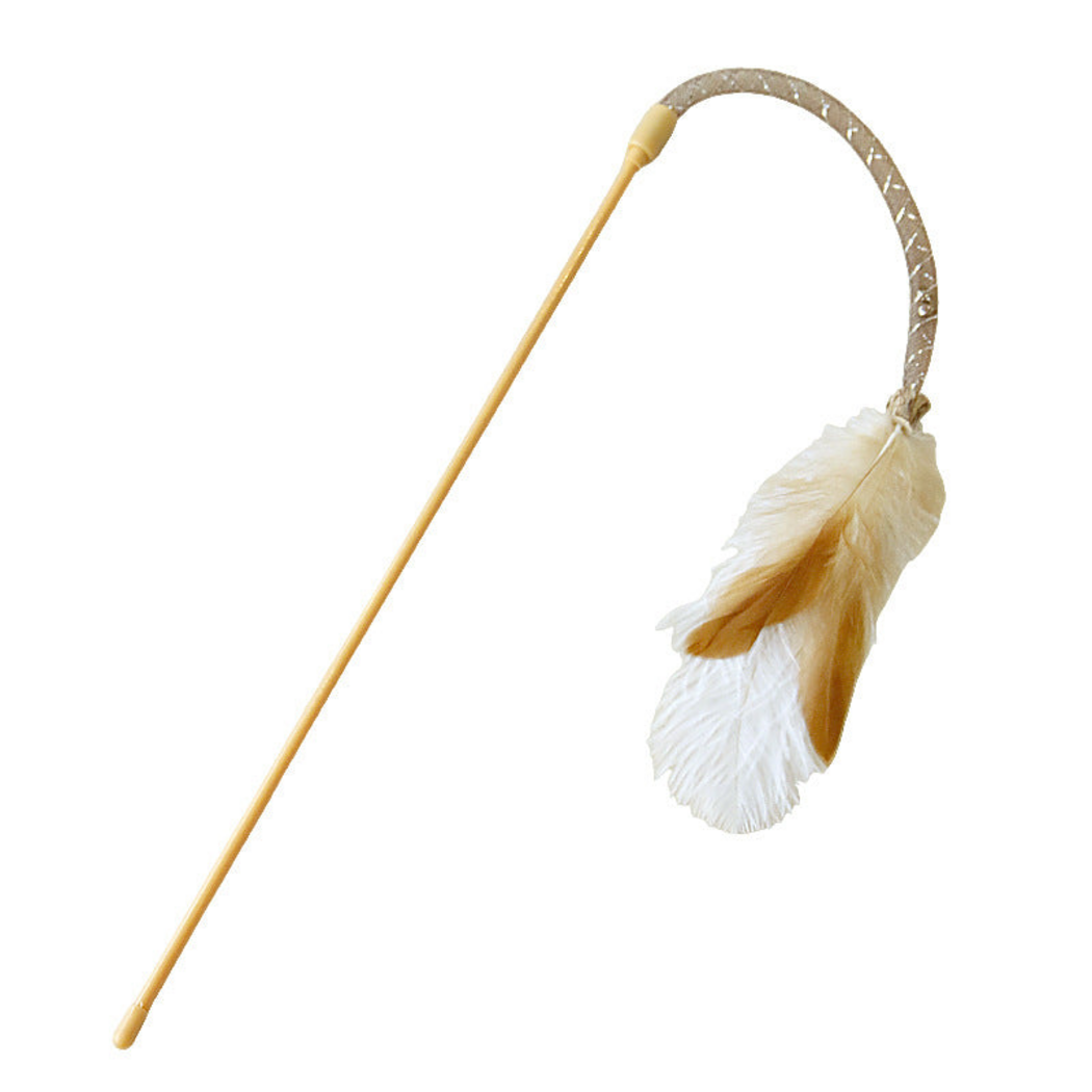 Feather teaser wand with a pale yellow handle, curved brown section and white and tan feathers