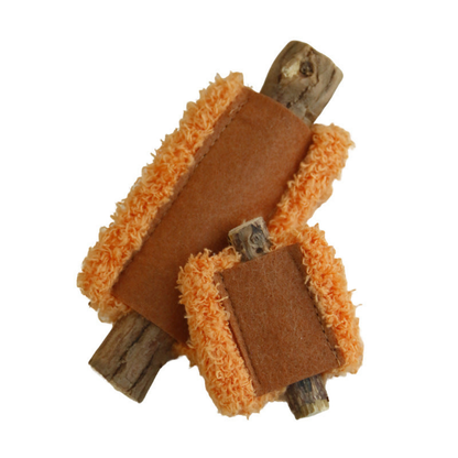 Orange cat toys with brown rectangular panels, curly borders and exposed sticks on white