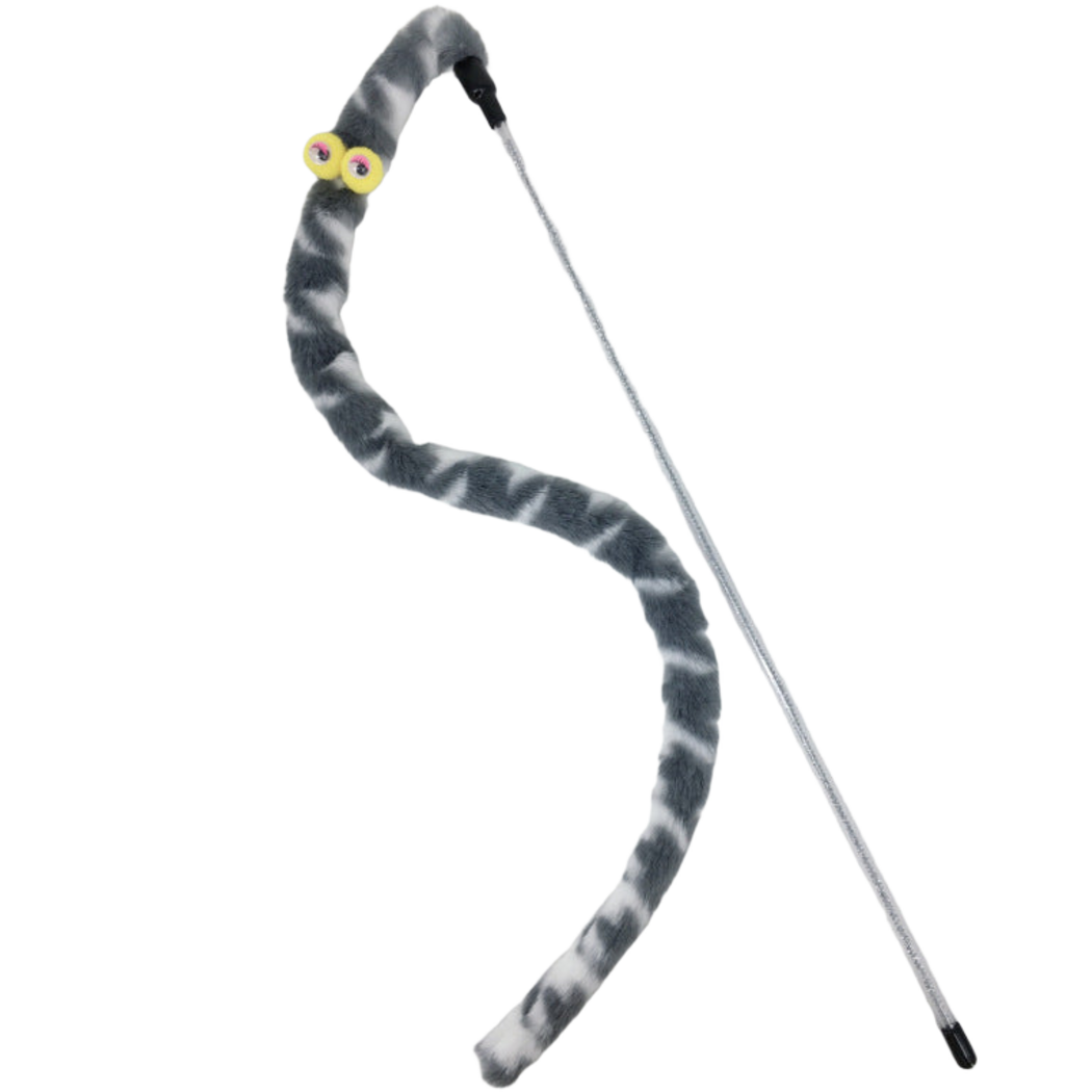 Gray cat teaser wand with cartoon eyes