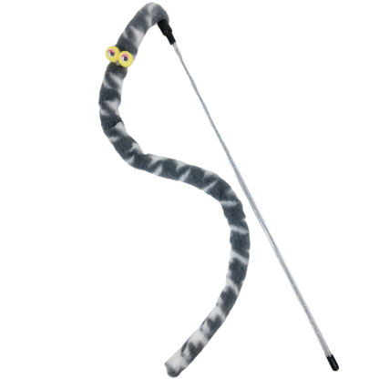 Gray cat teaser wand with cartoon eyes