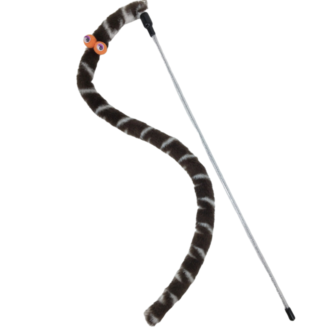 Brown cat teaser wand detail with cartoon eyes