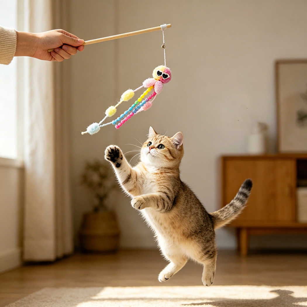 Cat jumping toward a dangling octopus cat teaser wand held overhead