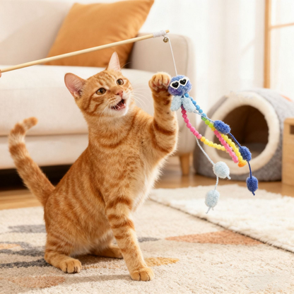 Orange cat reaching for an octopus cat teaser toy suspended from a wand