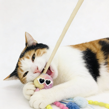 Calico cat holding the octopus toy and biting the cat teaser wand