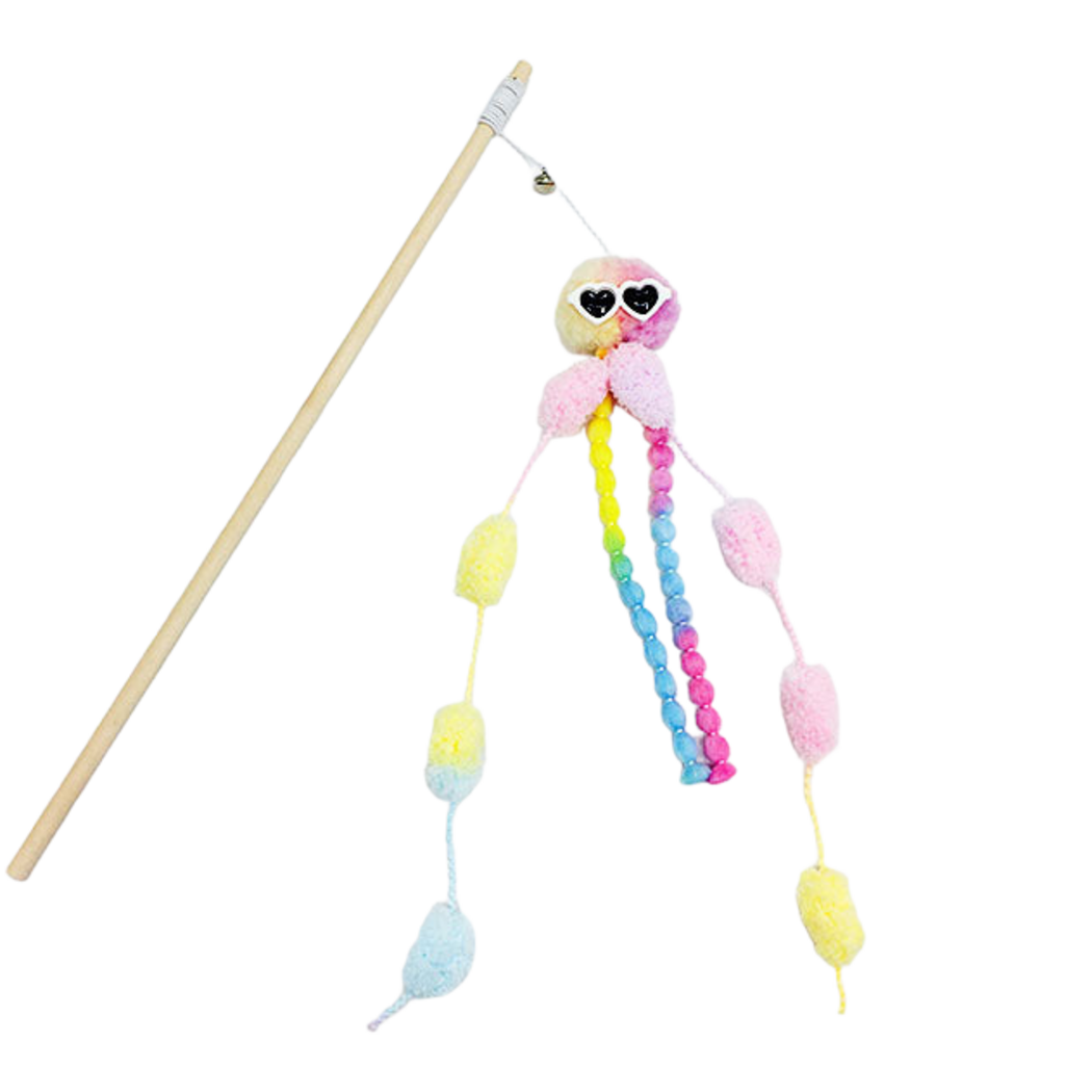 Pink cat teaser wand with bell and dangling heart-eyed octopus toy