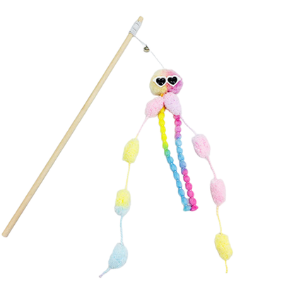 Pink cat teaser wand with bell and dangling heart-eyed octopus toy