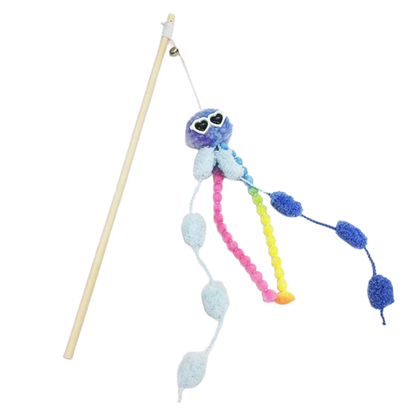 Blue cat teaser wand with bell and dangling heart-eyed octopus toy