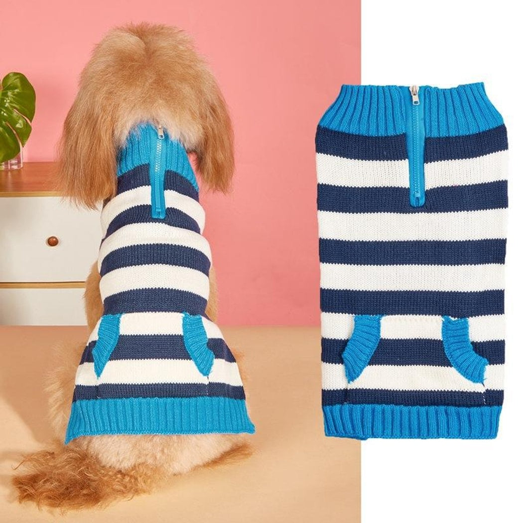 Ozzie - Striped Zip Front Pocket Detail Dog Sweater