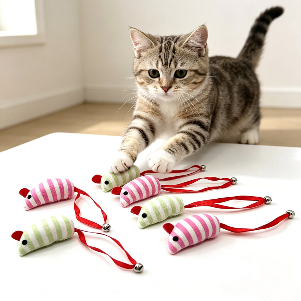 Cat reaching toward Green and Pink striped mouse-shaped cat toys with red ribbon loops and bells