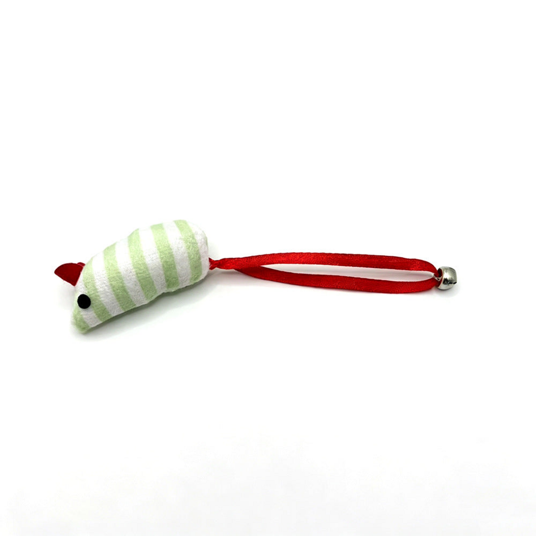 Green striped mouse-shaped cat toy with red ears, ribbon loop and silver-colored bell