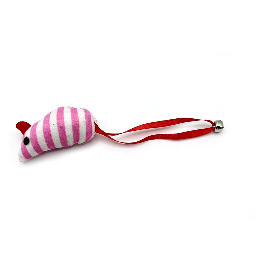 Pink striped mouse-shaped cat toy with red ears, ribbon loop and silver-colored bell