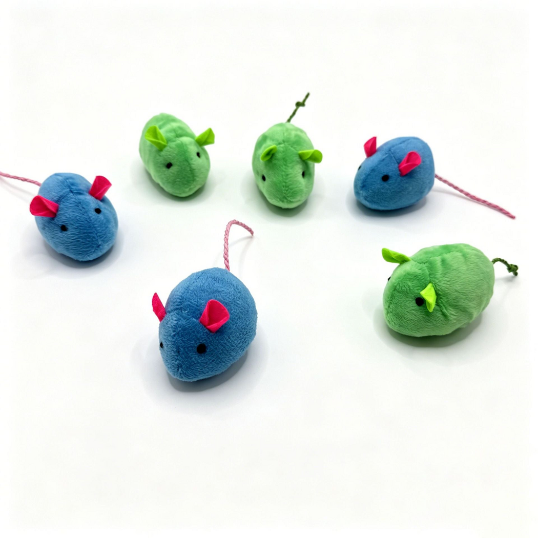 Blue and Green mouse cat toys shown from front and side angles on a white surface