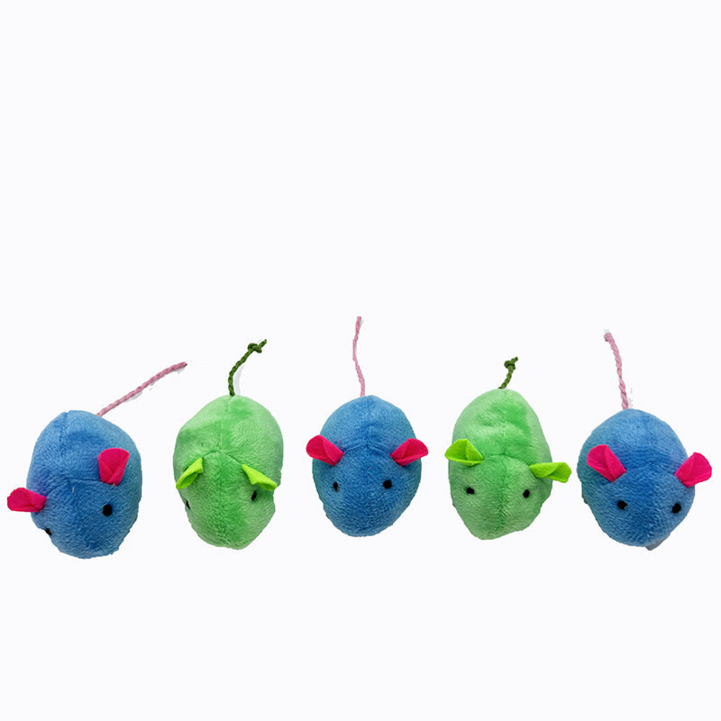 Blue and Green mouse cat toys arranged in an alternating front-facing row