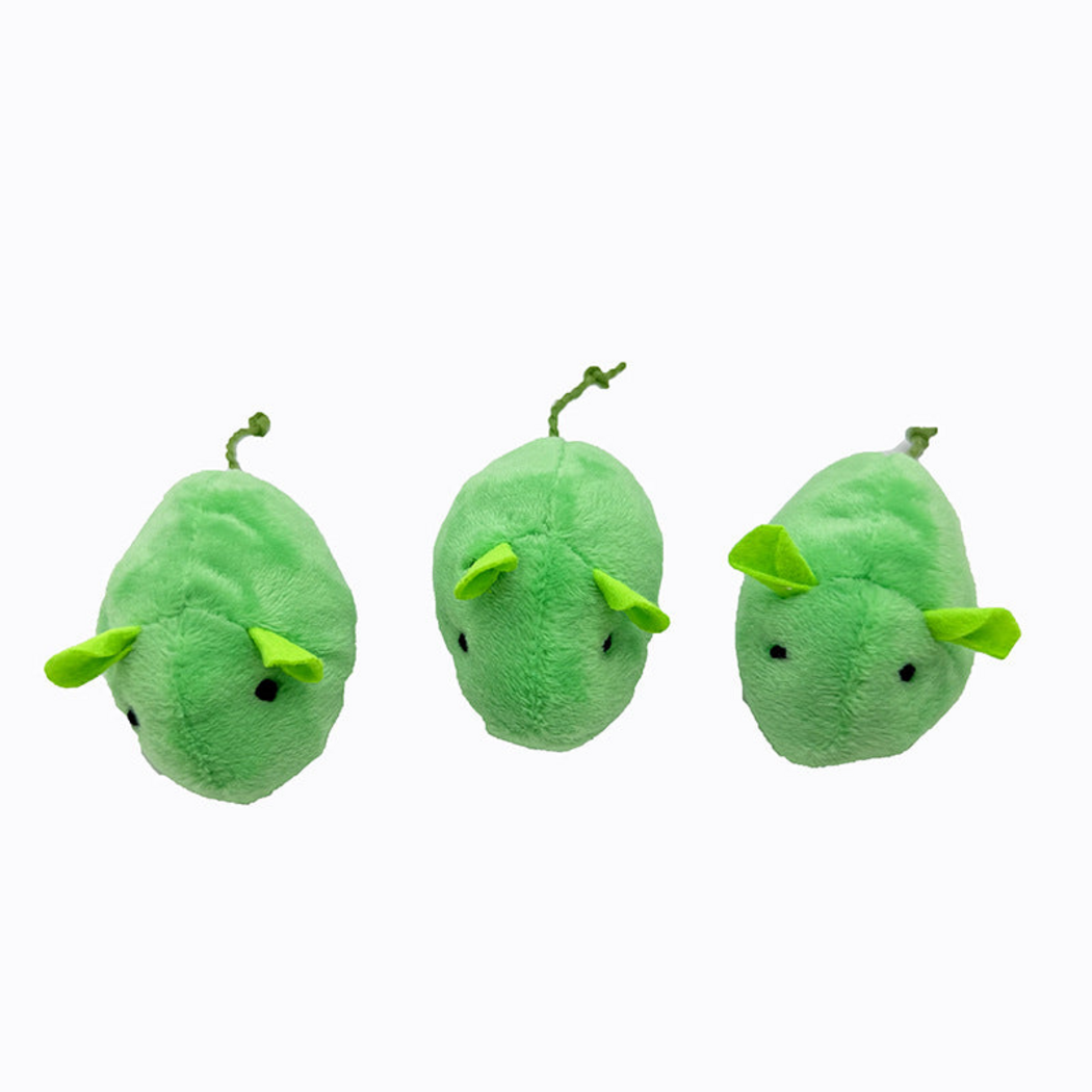 Green mouse cat toy with bright green ears, black eyes and a green cord tail, shown at three angles
