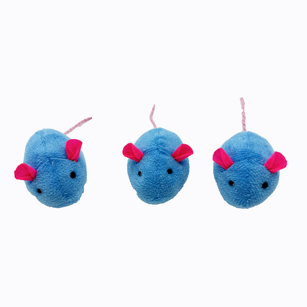 Blue mouse cat toy with pink ears and a pink cord tail, shown at three angles