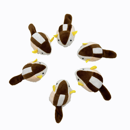 Squirrel-shaped cat toys viewed from above, showing white back stripes and brown tails