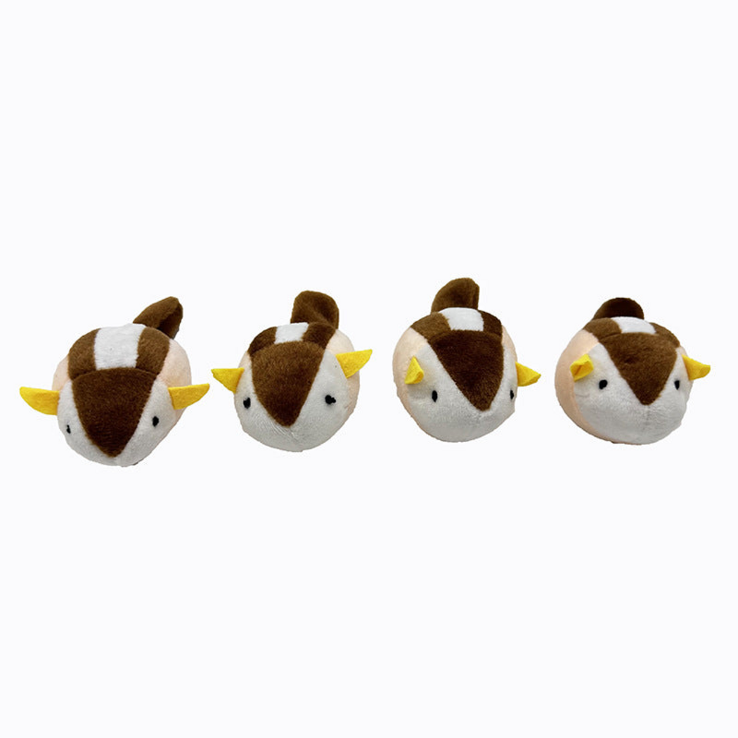 Squirrel cat toys in a front-facing row with brown markings, white stripes and yellow ears