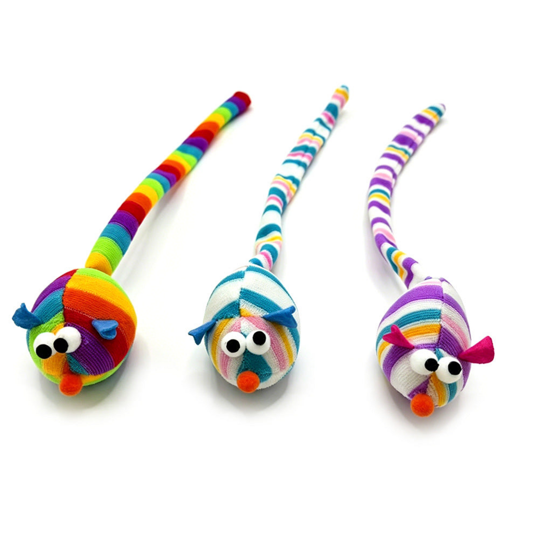 Multicolor, Blue and Purple mouse cat toys with long striped tails, front angled view