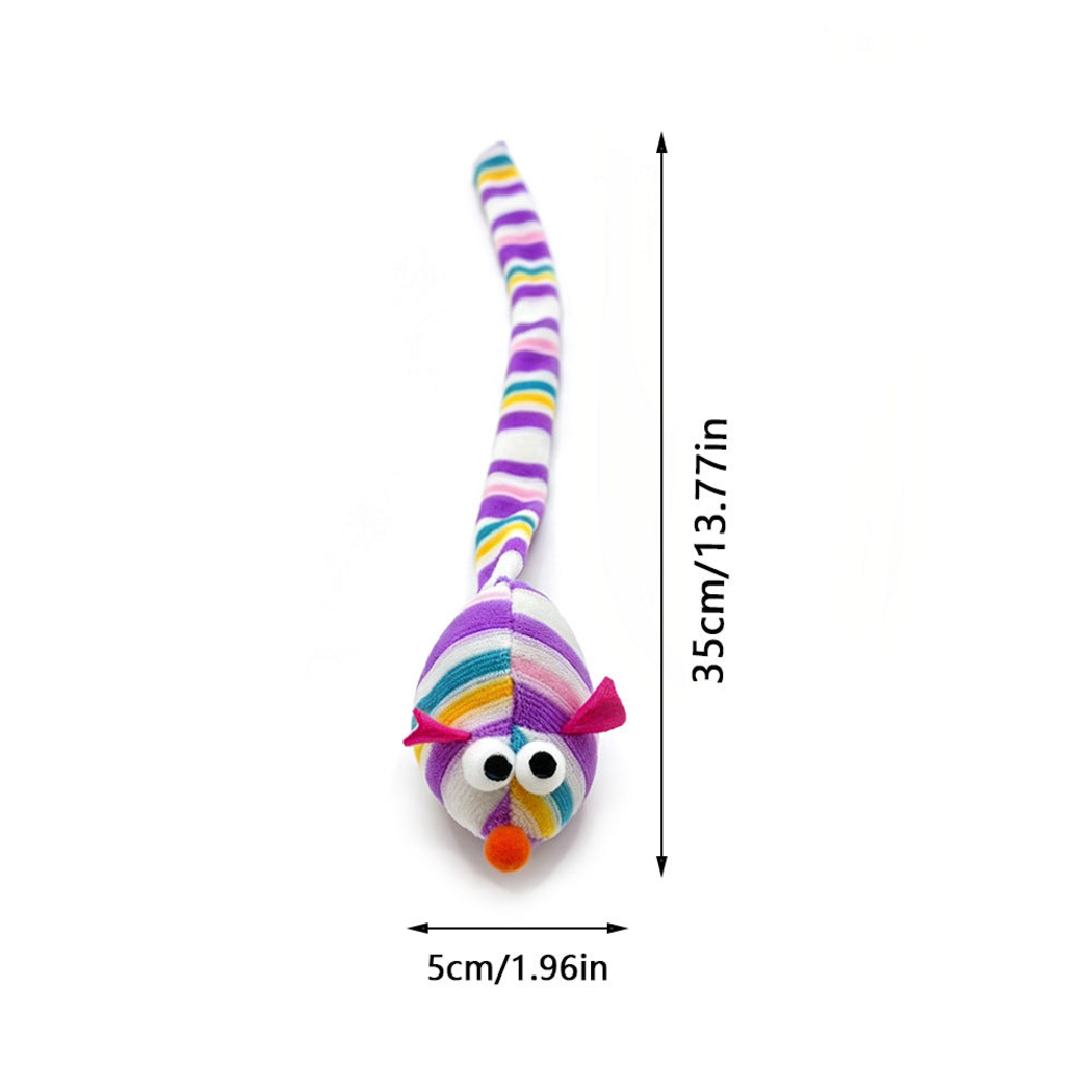 Purple mouse cat toy with length and width measurements in centimeters and inches
