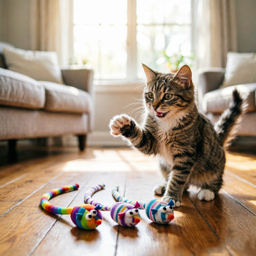 Tabby cat beside Multicolor, Purple and Blue mouse cat toys on a wooden floor