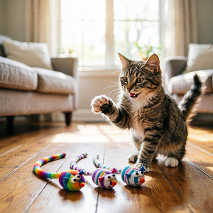 Tabby cat beside Multicolor, Purple and Blue mouse cat toys on a wooden floor