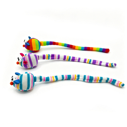 Multicolor, Purple and Blue mouse cat toys in side view with extended striped tails