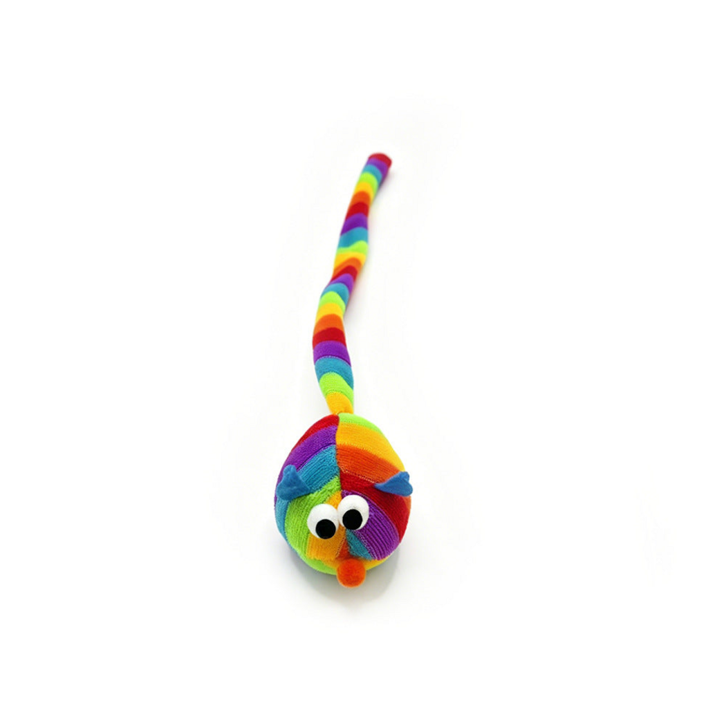 Multicolor mouse cat toy with rainbow stripes, blue ears and a long tail
