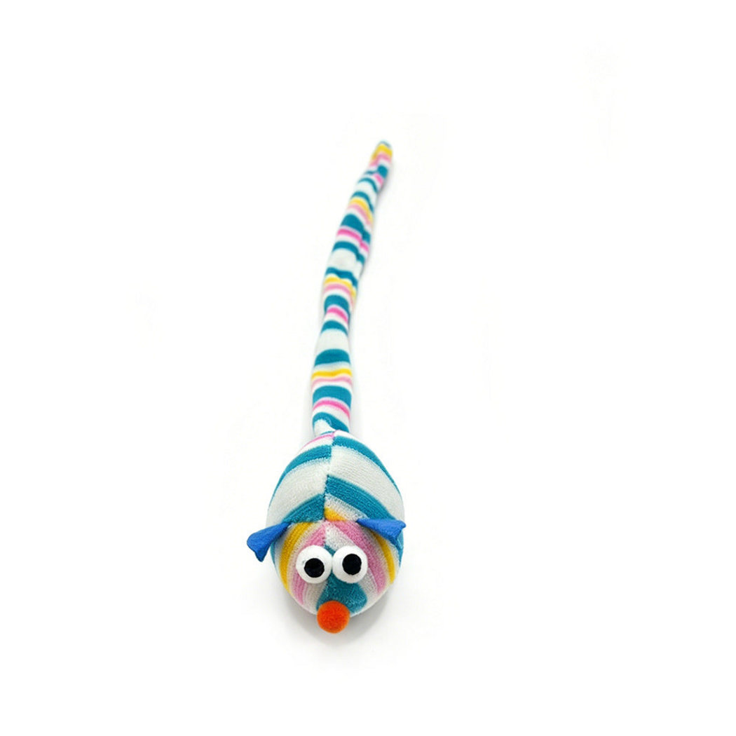 Blue mouse cat toy with striped body and long tail, front view