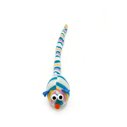 Blue mouse cat toy with striped body and long tail, front view
