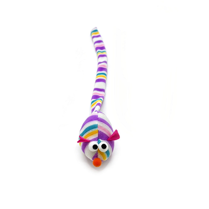 Purple mouse cat toy with striped body, pink ears and long tail, front view