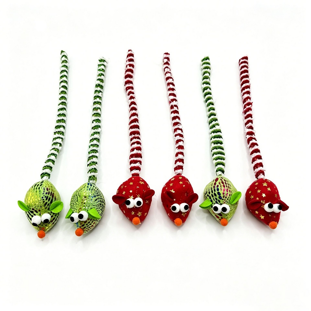 Red and Green mouse cat toys arranged in a row with long striped tails