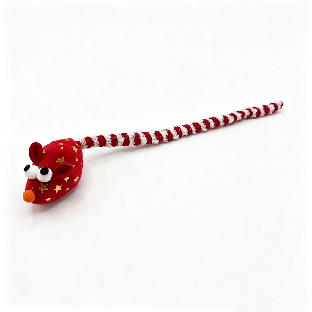 Red mouse cat toy with gold stars, orange nose and a long red-and-white striped tail