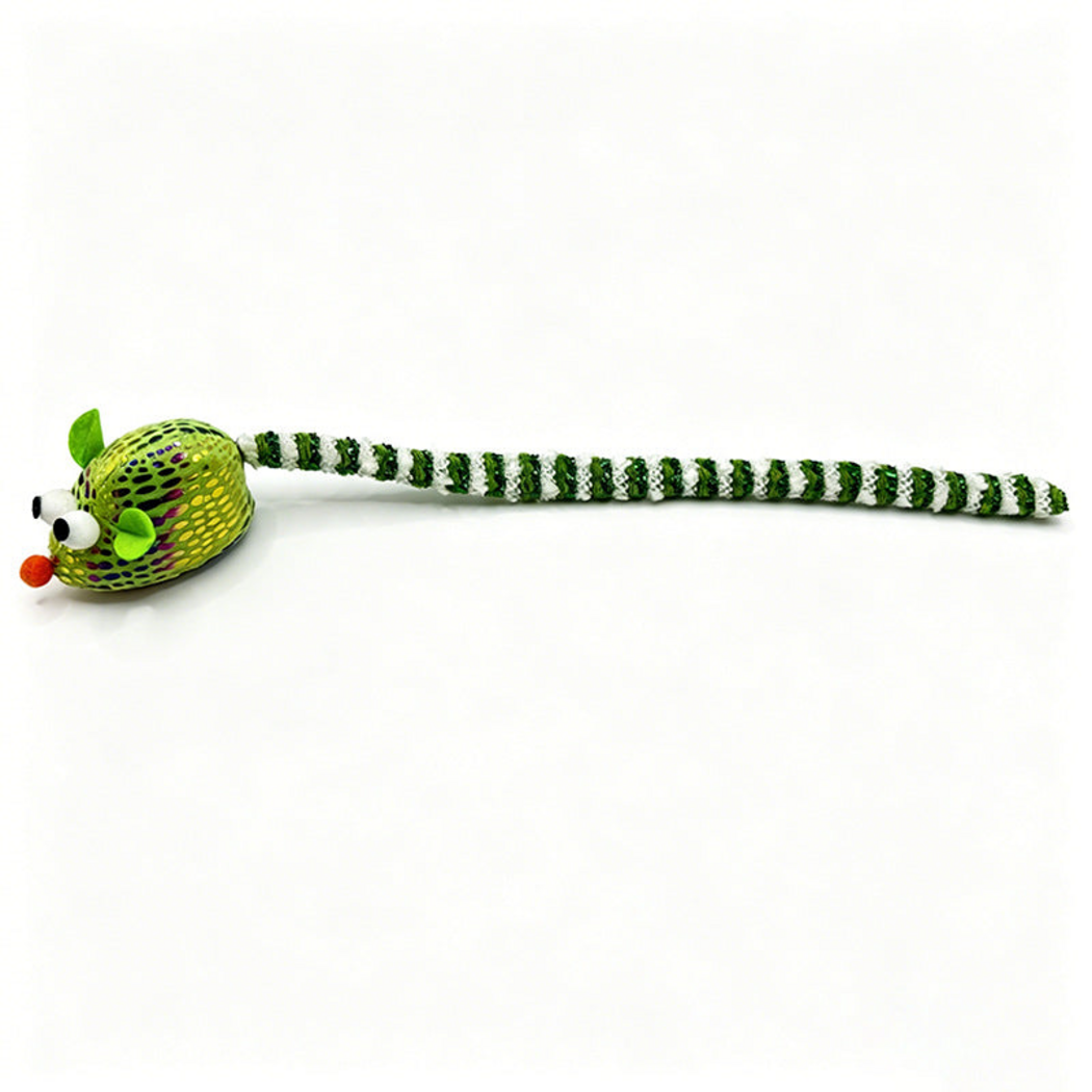 Green mouse cat toy with multicolored spots and a long green-and-white striped tail
