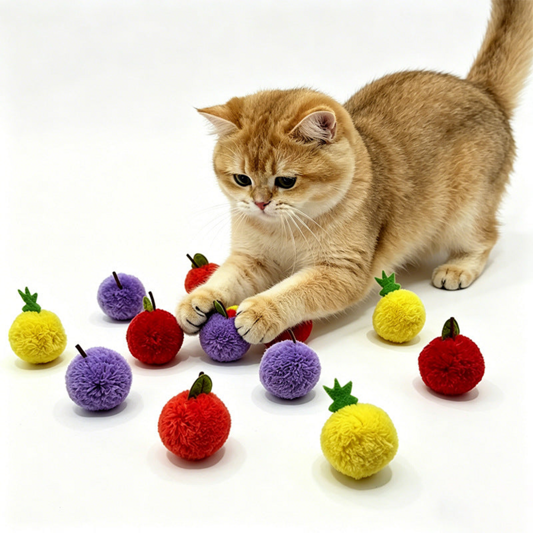 Cat reaching among colorful fruit-shaped ball cat toys